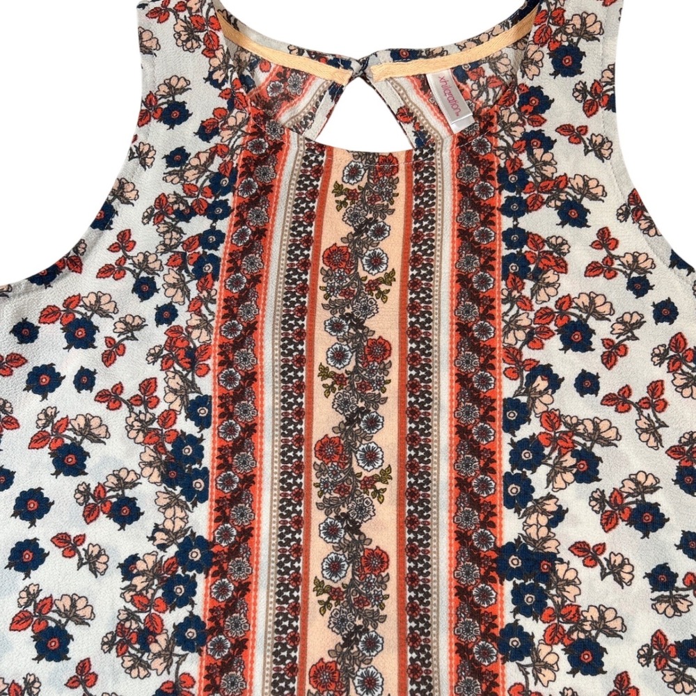 Boho Womens Floral Stripe Pom Pom Trim Keyhole Back Tank Top Orange Navy Medium